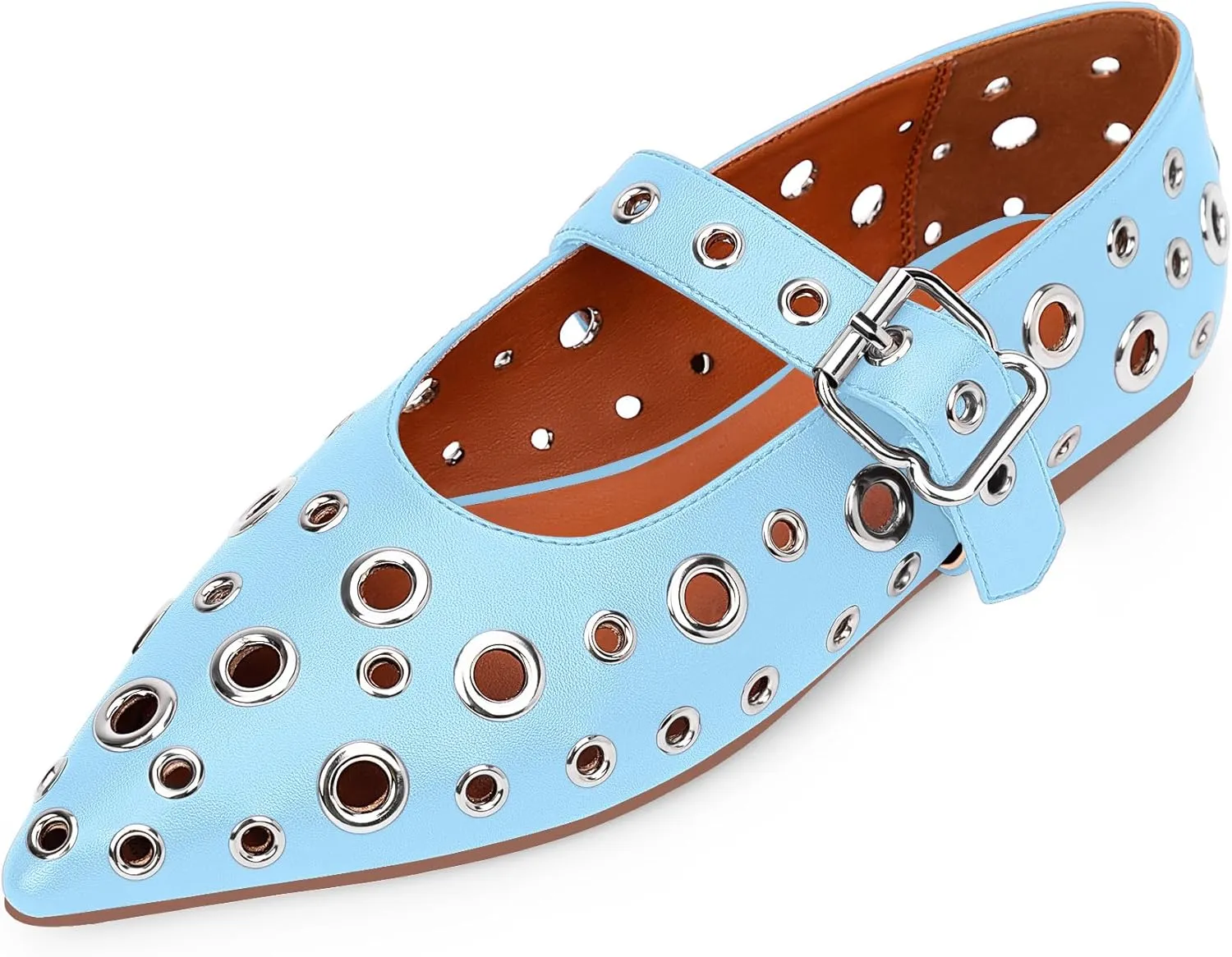 100FIXEO Women's Ballet Flats Metal Eyelet Perforated Studded Buckle Strap Pointed Toe Shoes