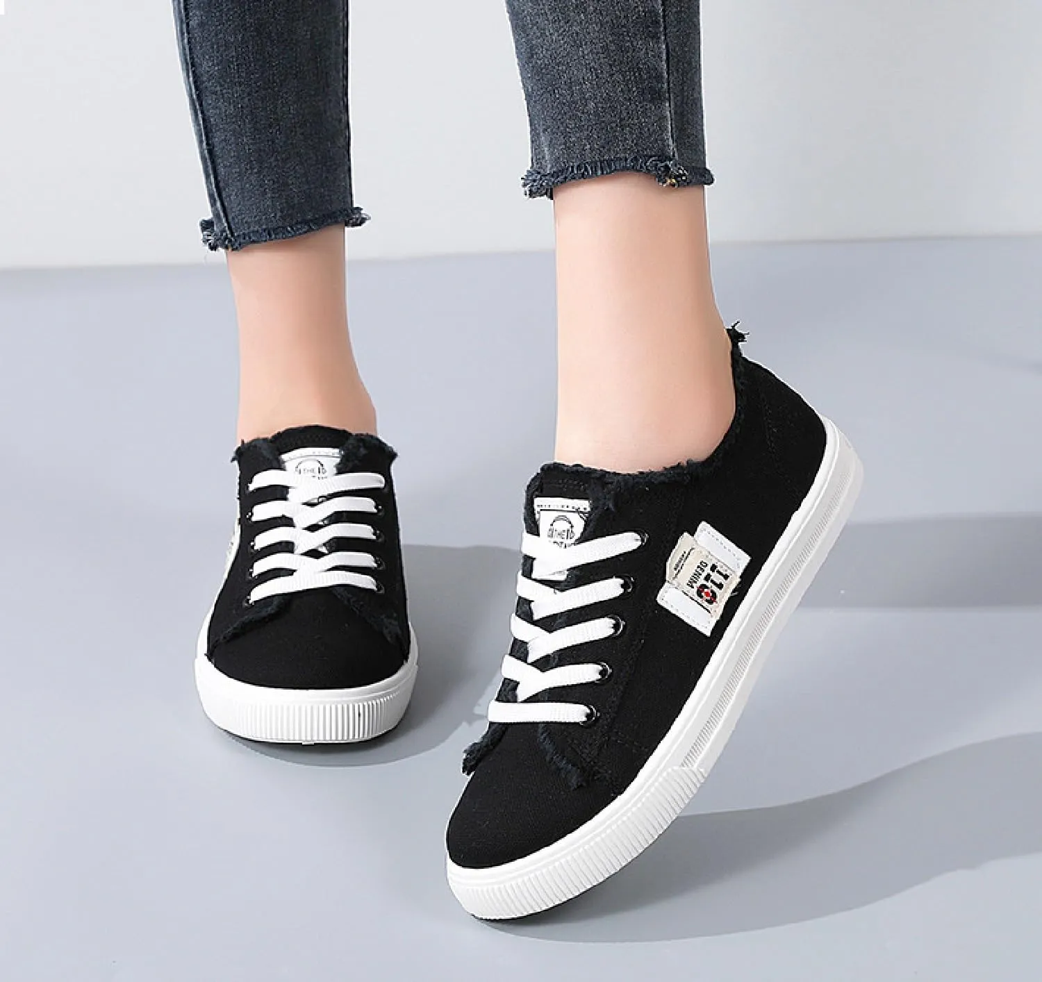 2024 New Women's Canvas Shoes Fringed Hem Denim Fabric Autumn Style Spring Casual Sports Preppy Flat Sneakers for Students