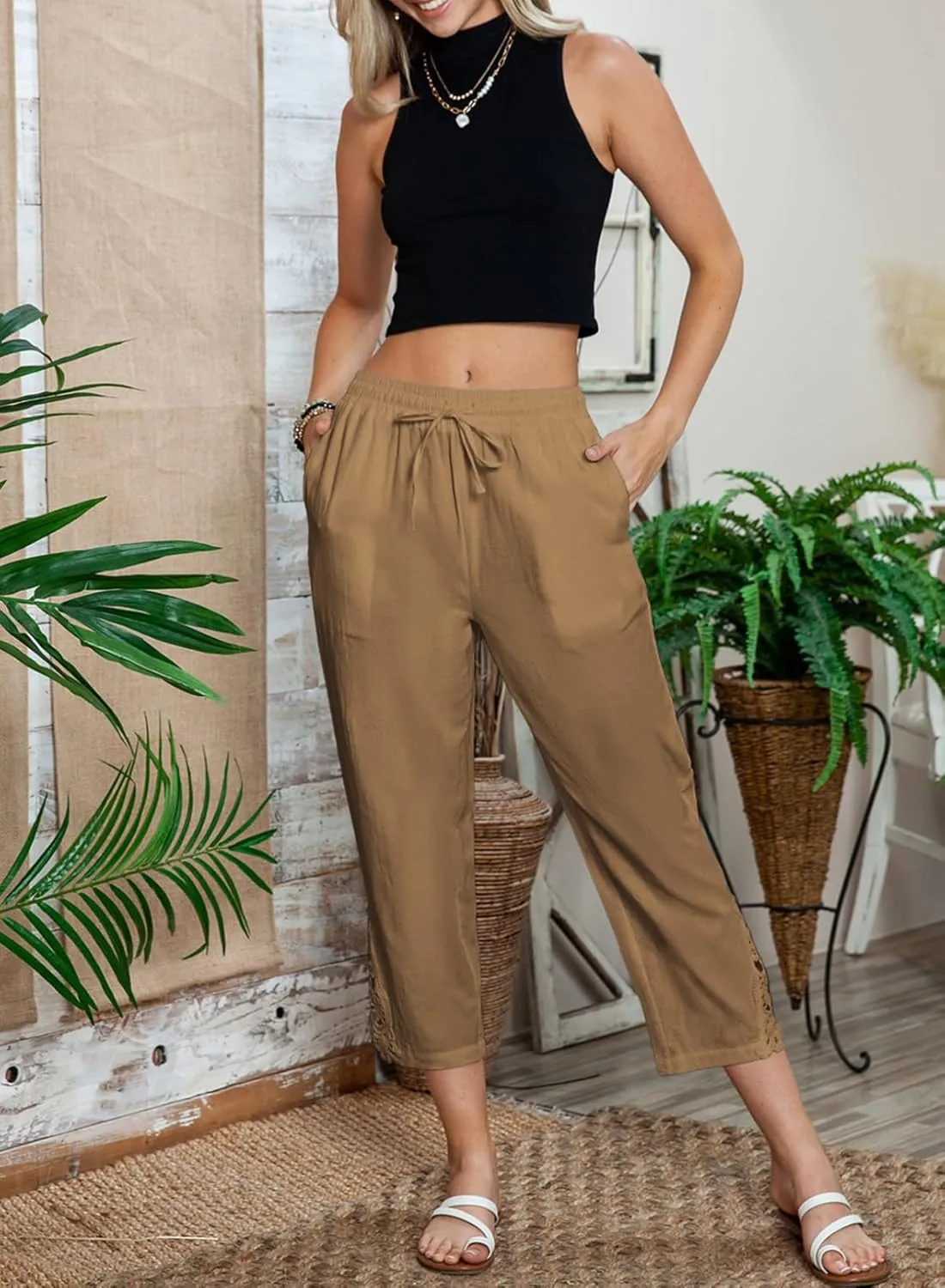 Acelitt Women Casual Lightweight Drawstring Elastic Waist Pants with Pockets, S-XXL