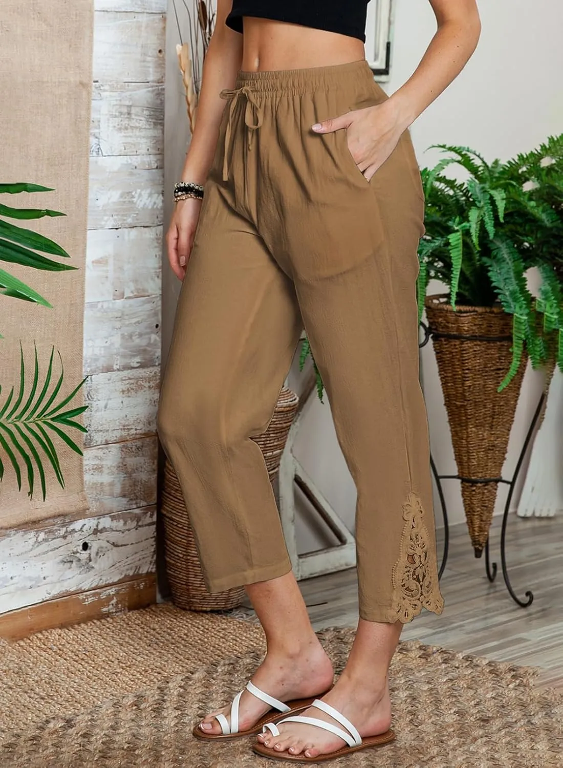 Acelitt Women Casual Lightweight Drawstring Elastic Waist Pants with Pockets, S-XXL
