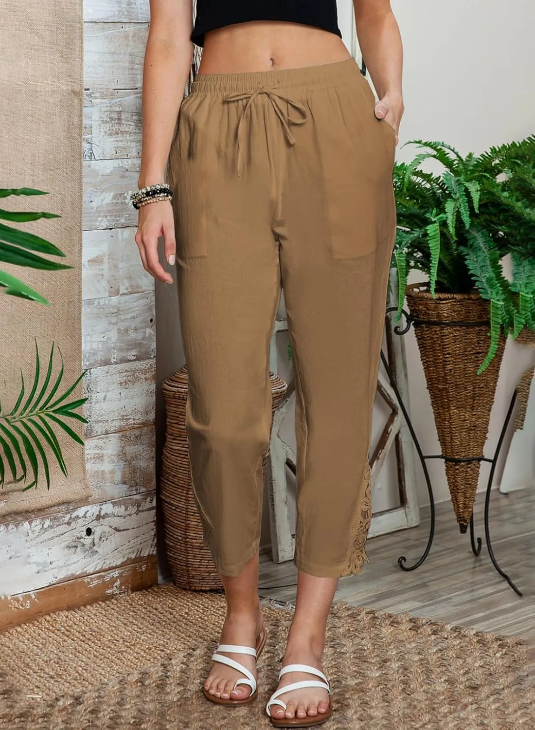 Acelitt Women Casual Lightweight Drawstring Elastic Waist Pants with Pockets, S-XXL