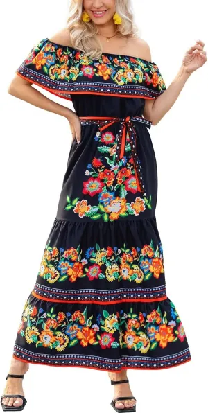 ACOSAP Women's Mexican Dress Summer Floral Print Off The Shoulder Sleeveless Beach Long Maxi Dress