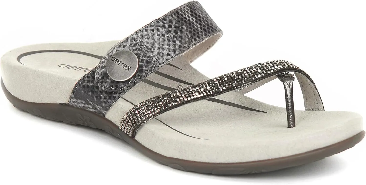 Aetrex Izzy Memory Foam Footbed Faux Leather Adjustable Orthopedic Slide Sandals for Women - Pressure Relief Pain Arch Support Sandals Women's