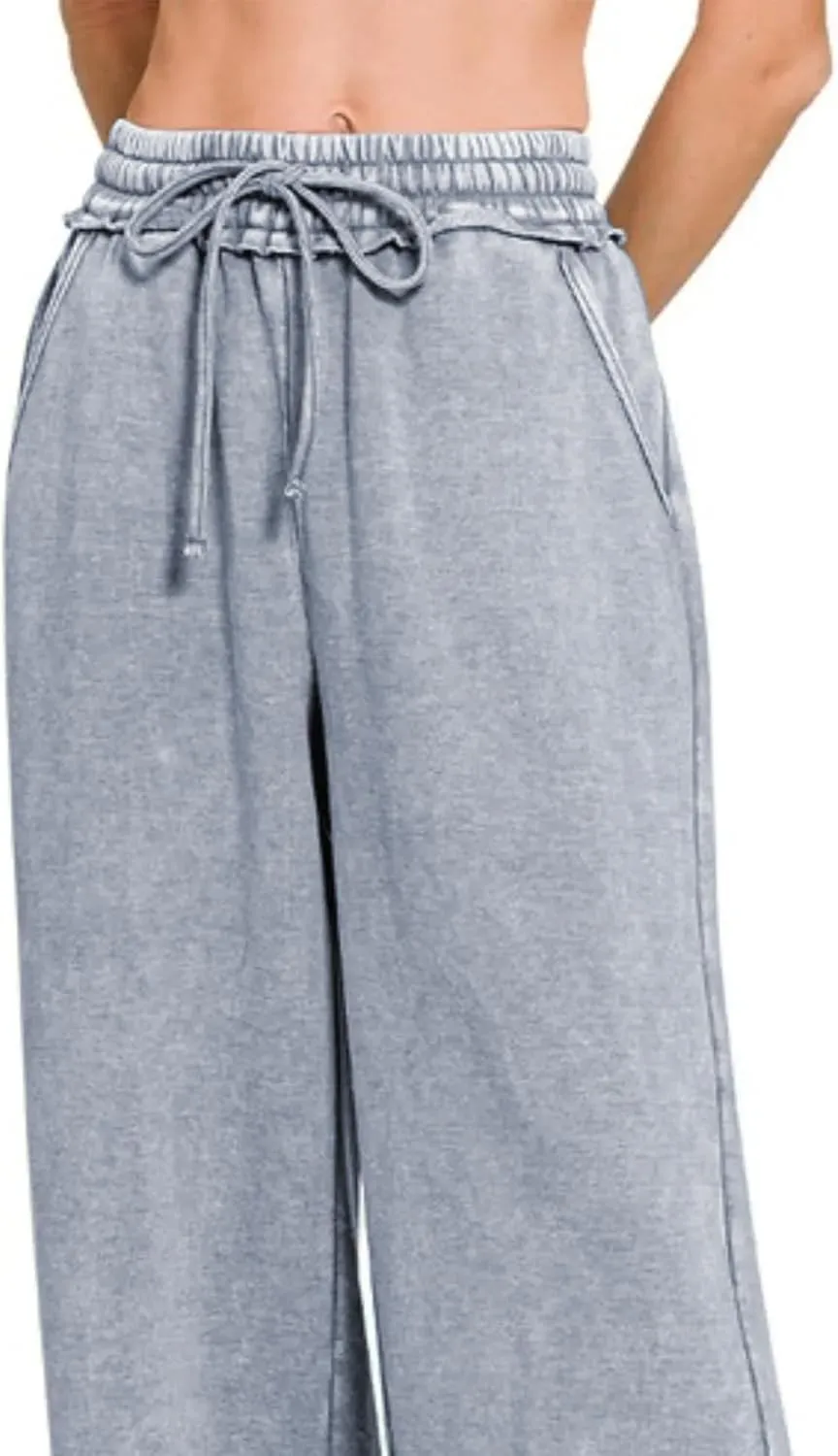 Ainangua Women Acid Wash Palazzo Sweatpants Casual High Waist Drawstring Wide Leg Pants Baggy Fleece Trousers with Pockets
