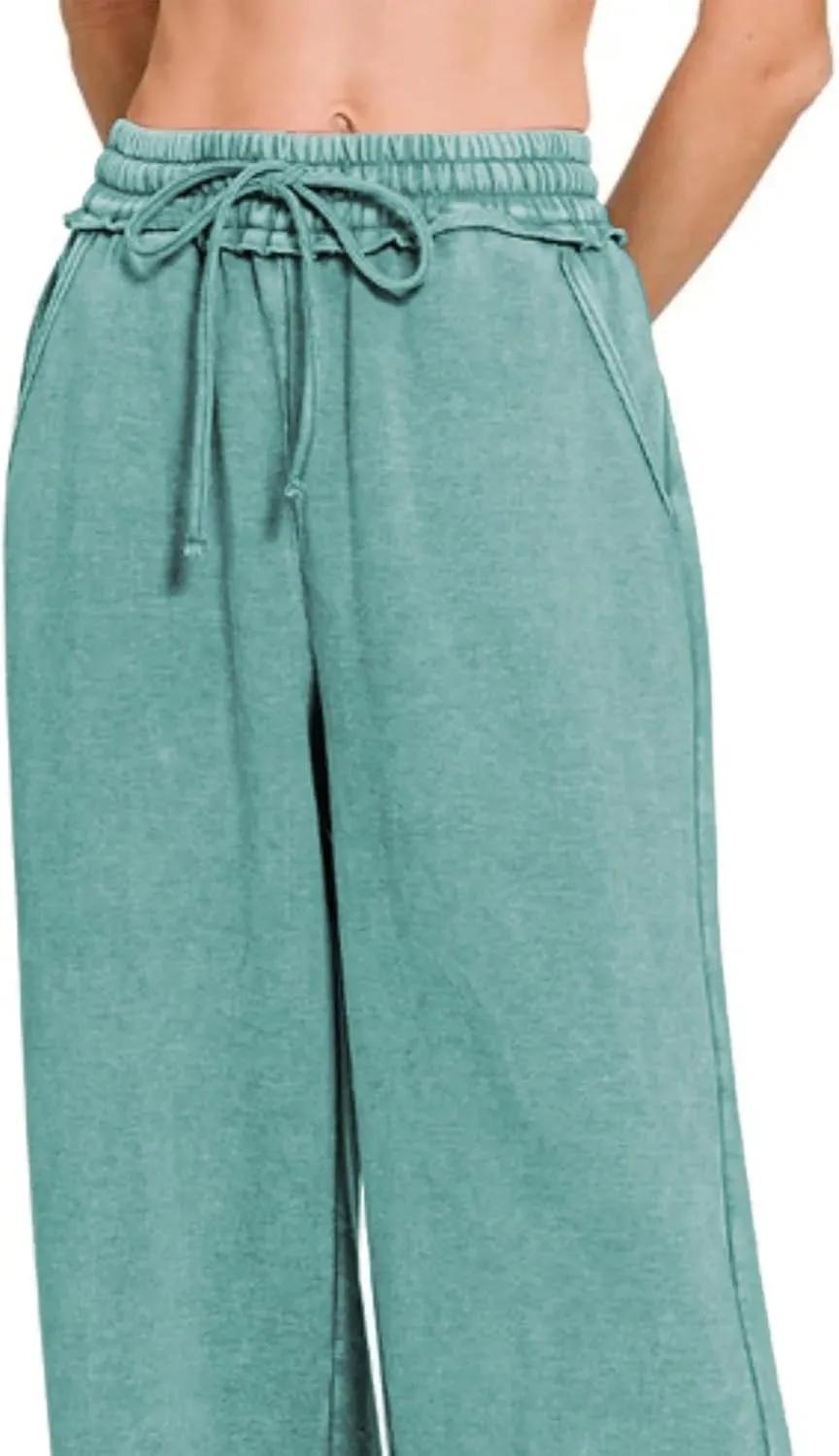 Ainangua Women Acid Wash Palazzo Sweatpants Casual High Waist Drawstring Wide Leg Pants Baggy Fleece Trousers with Pockets