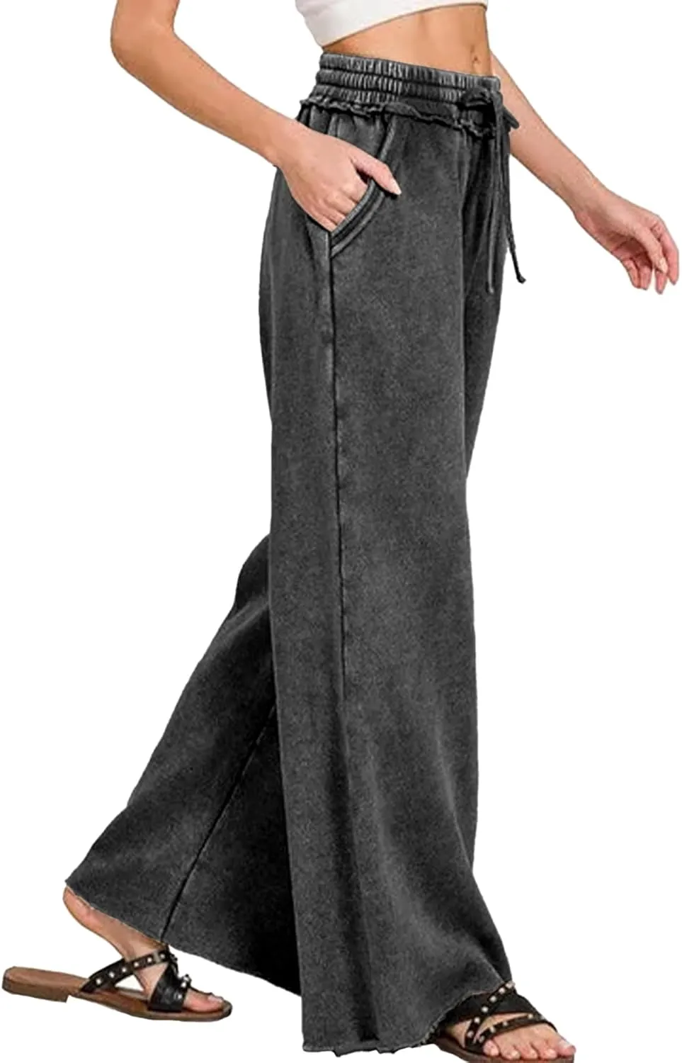 Ainangua Women Acid Wash Palazzo Sweatpants Casual High Waist Drawstring Wide Leg Pants Baggy Fleece Trousers with Pockets