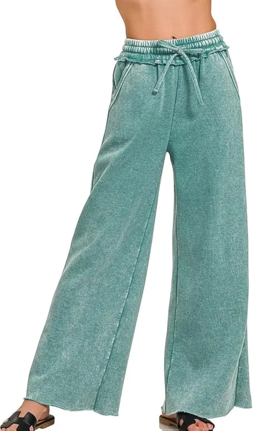 Ainangua Women Acid Wash Palazzo Sweatpants Casual High Waist Drawstring Wide Leg Pants Baggy Fleece Trousers with Pockets