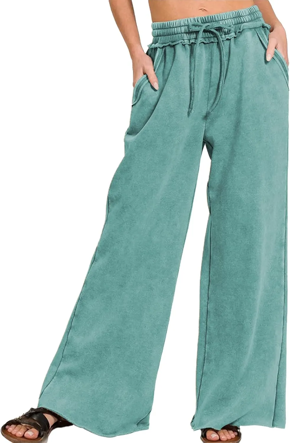 Ainangua Women Acid Wash Palazzo Sweatpants Casual High Waist Drawstring Wide Leg Pants Baggy Fleece Trousers with Pockets