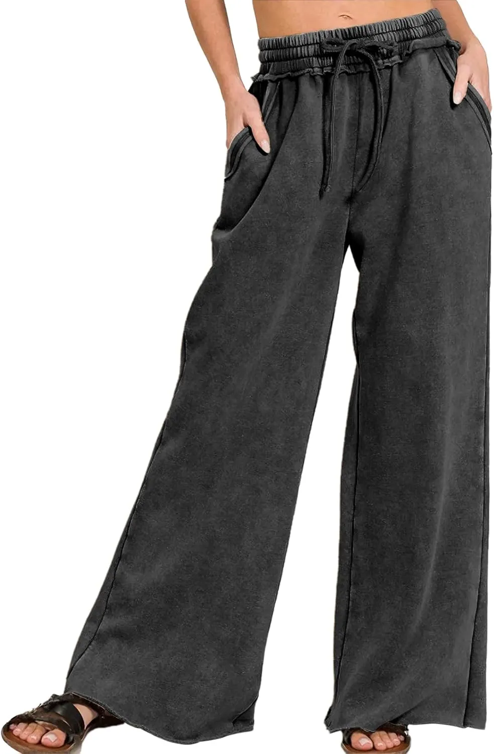 Ainangua Women Acid Wash Palazzo Sweatpants Casual High Waist Drawstring Wide Leg Pants Baggy Fleece Trousers with Pockets