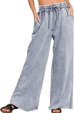 Ainangua Women Acid Wash Palazzo Sweatpants Casual High Waist Drawstring Wide Leg Pants Baggy Fleece Trousers with Pockets