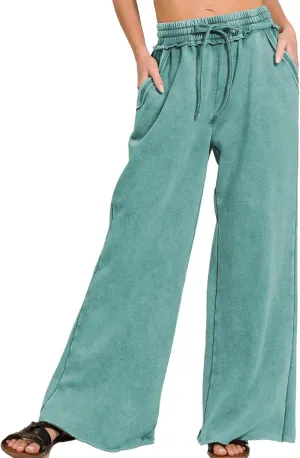 Ainangua Women Acid Wash Palazzo Sweatpants Casual High Waist Drawstring Wide Leg Pants Baggy Fleece Trousers with Pockets
