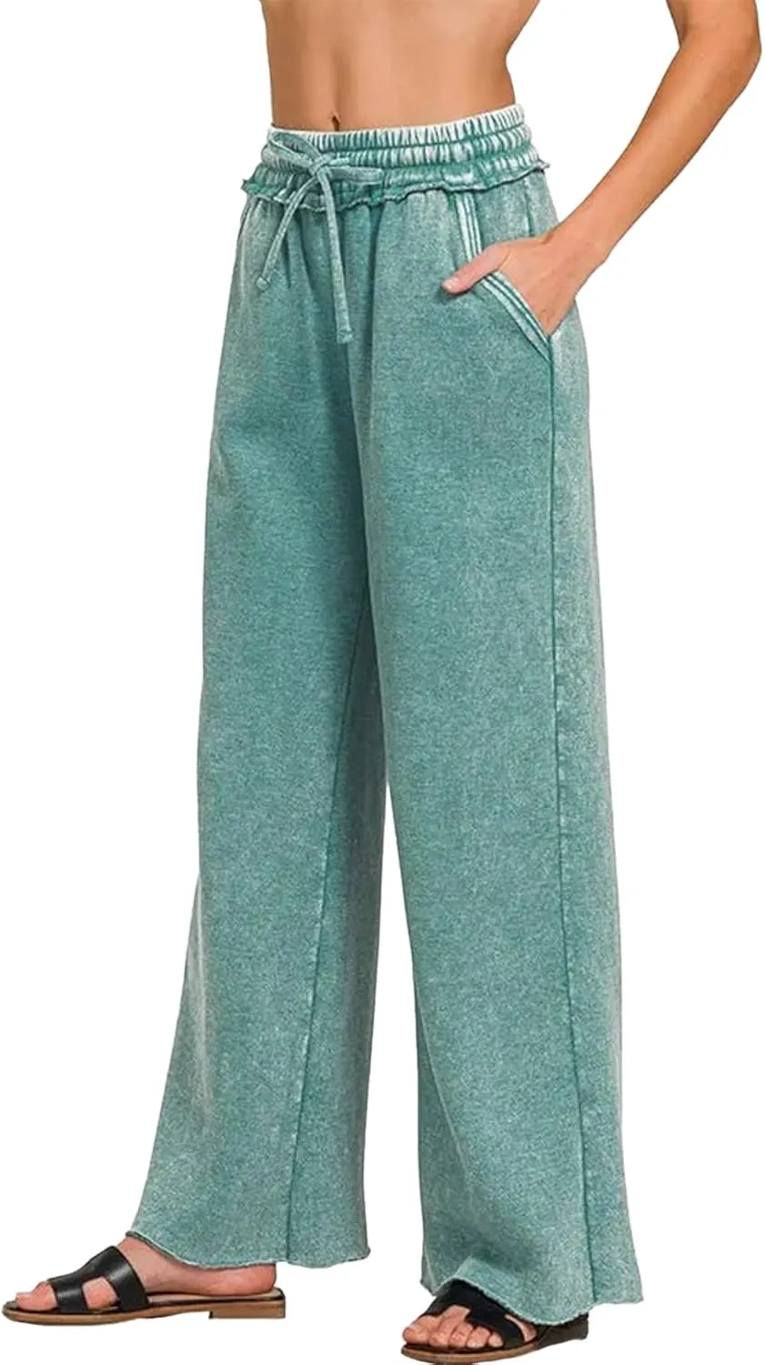 Ainangua Women Acid Wash Palazzo Sweatpants Casual High Waist Drawstring Wide Leg Pants Baggy Fleece Trousers with Pockets