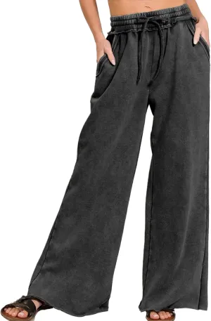 Ainangua Women Acid Wash Palazzo Sweatpants Casual High Waist Drawstring Wide Leg Pants Baggy Fleece Trousers with Pockets