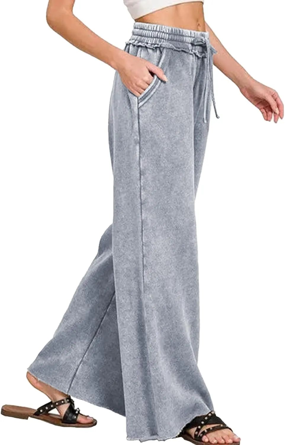 Ainangua Women Acid Wash Palazzo Sweatpants Casual High Waist Drawstring Wide Leg Pants Baggy Fleece Trousers with Pockets