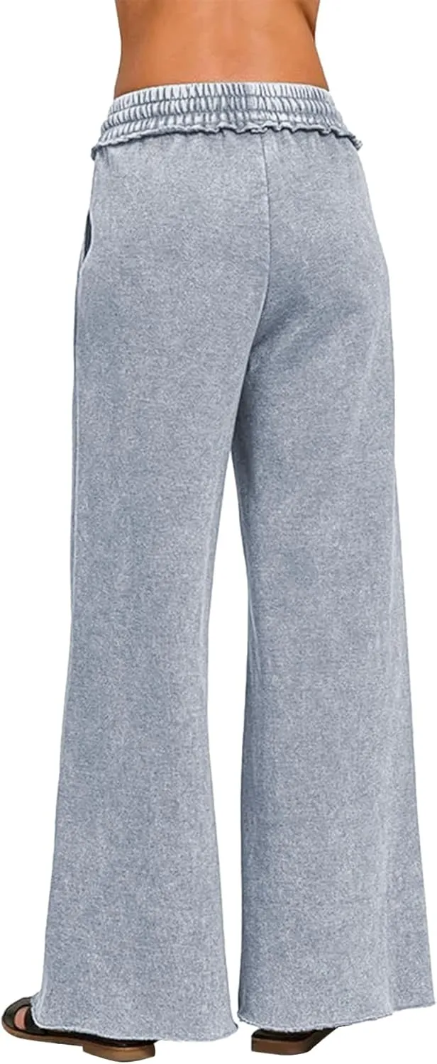 Ainangua Women Acid Wash Palazzo Sweatpants Casual High Waist Drawstring Wide Leg Pants Baggy Fleece Trousers with Pockets