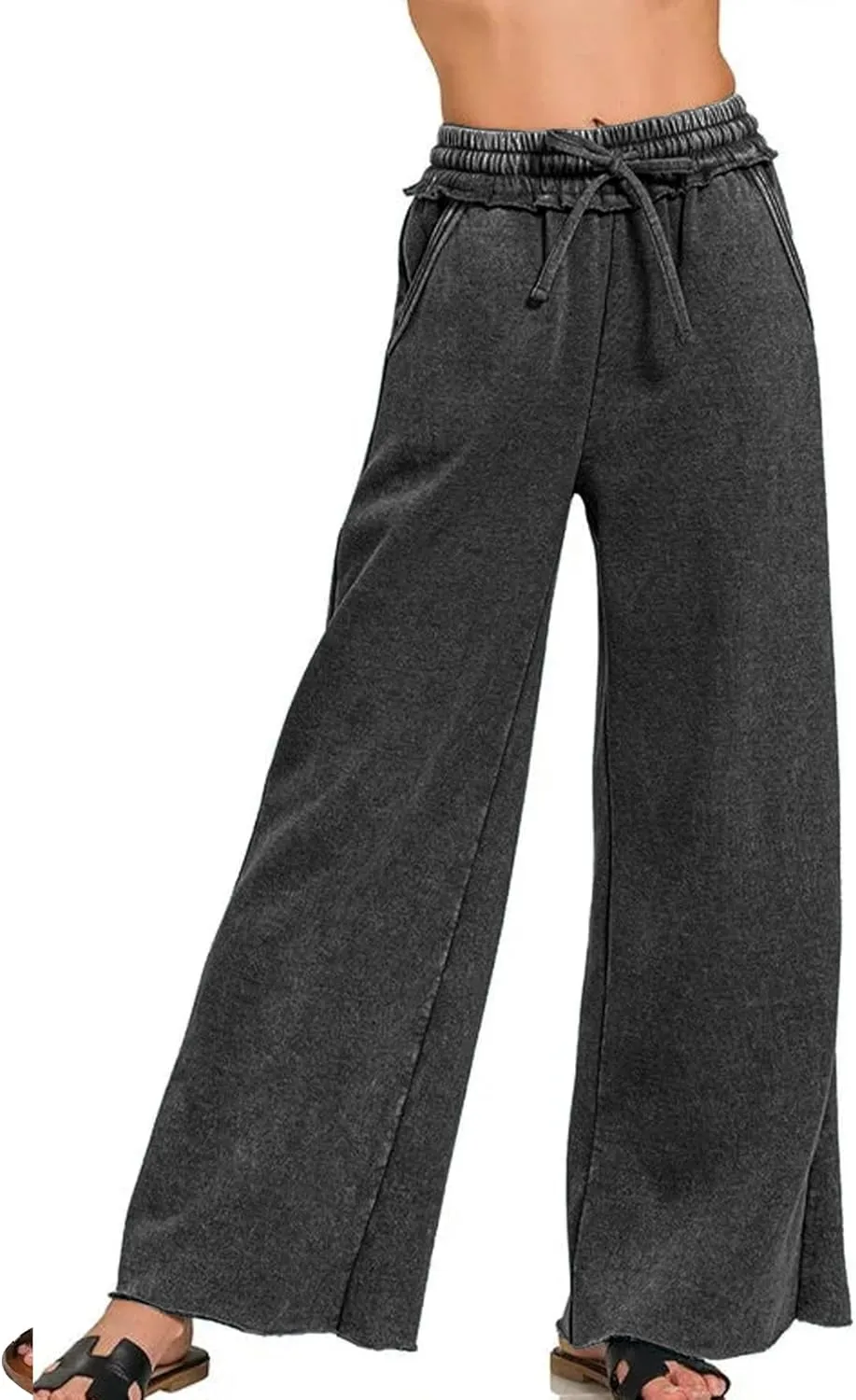 Ainangua Women Acid Wash Palazzo Sweatpants Casual High Waist Drawstring Wide Leg Pants Baggy Fleece Trousers with Pockets