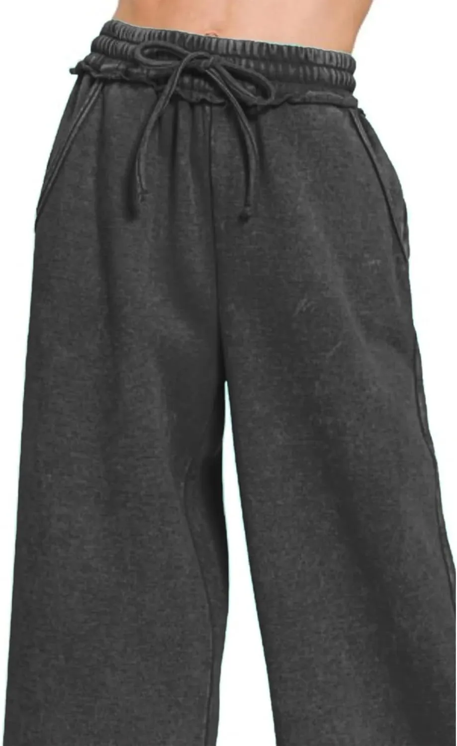 Ainangua Women Acid Wash Palazzo Sweatpants Casual High Waist Drawstring Wide Leg Pants Baggy Fleece Trousers with Pockets