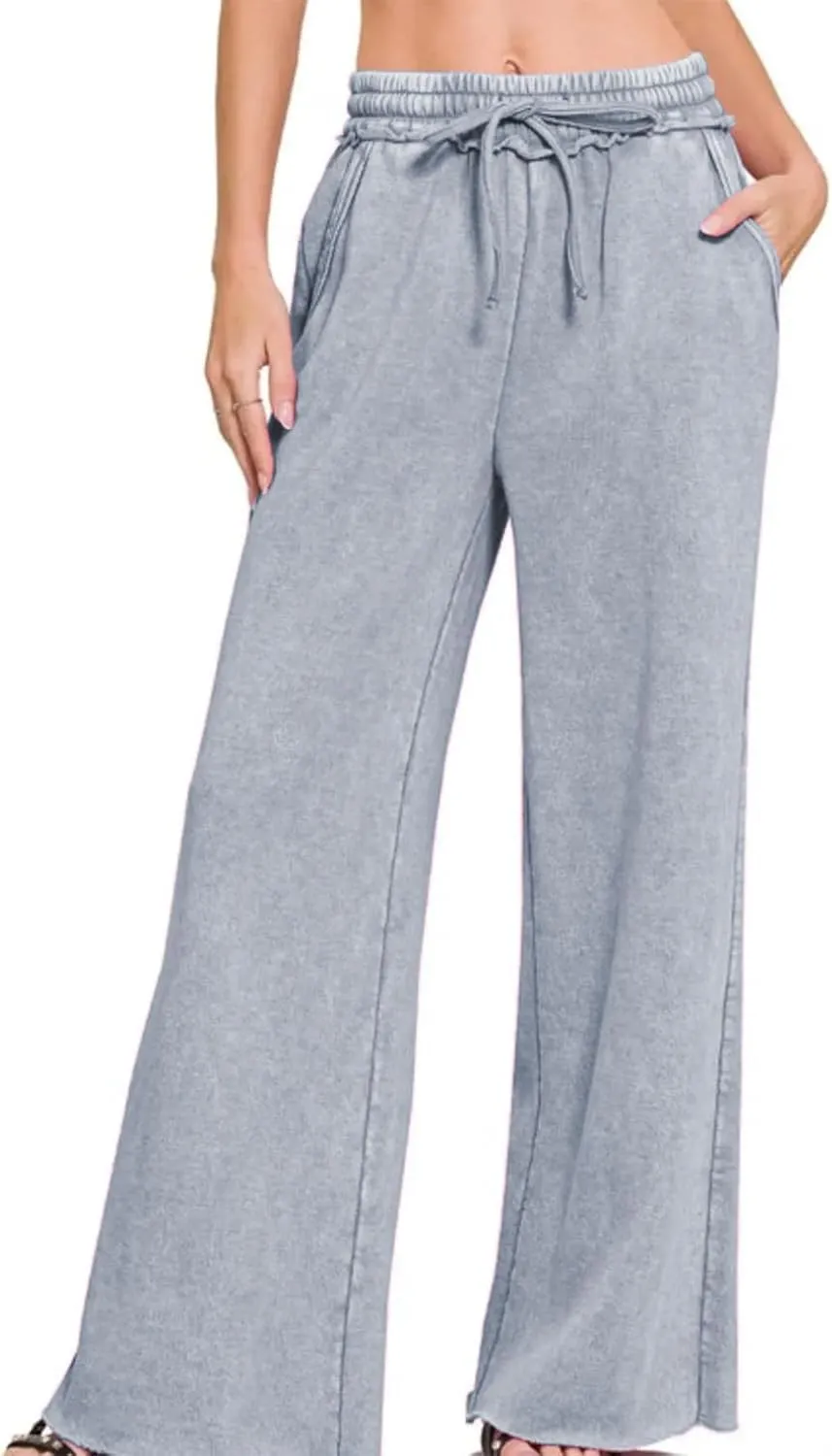 Ainangua Women Acid Wash Palazzo Sweatpants Casual High Waist Drawstring Wide Leg Pants Baggy Fleece Trousers with Pockets