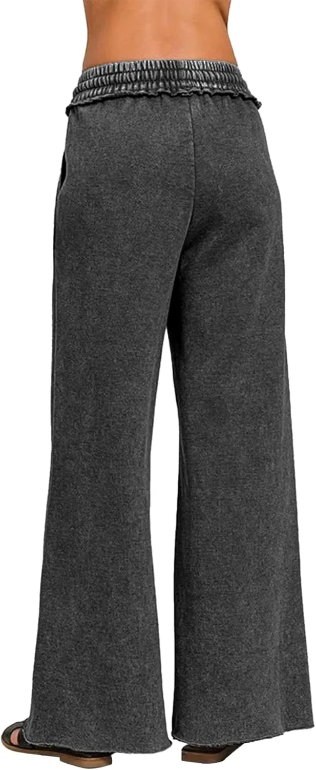 Ainangua Women Acid Wash Palazzo Sweatpants Casual High Waist Drawstring Wide Leg Pants Baggy Fleece Trousers with Pockets