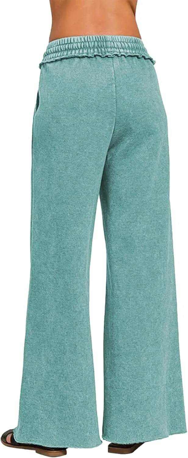 Ainangua Women Acid Wash Palazzo Sweatpants Casual High Waist Drawstring Wide Leg Pants Baggy Fleece Trousers with Pockets