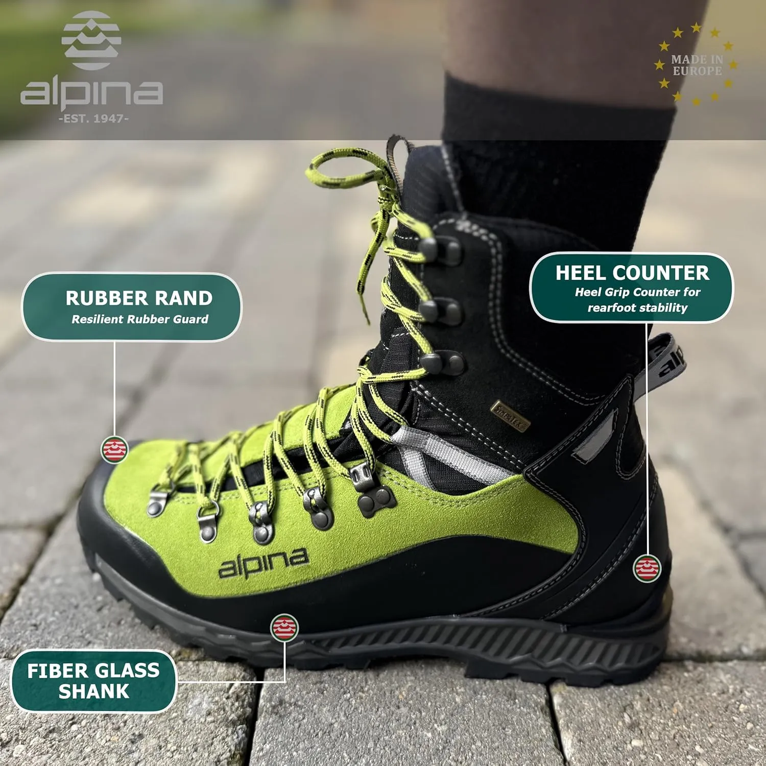 Alpina DIABLO Premium Men's Boots | Waterproof Leather Shoes | Sympatex Breathable Membrane | Vibram Sole | Crampon Compatible | Mountaineering Hiking | Heel Counter | Made in Europe