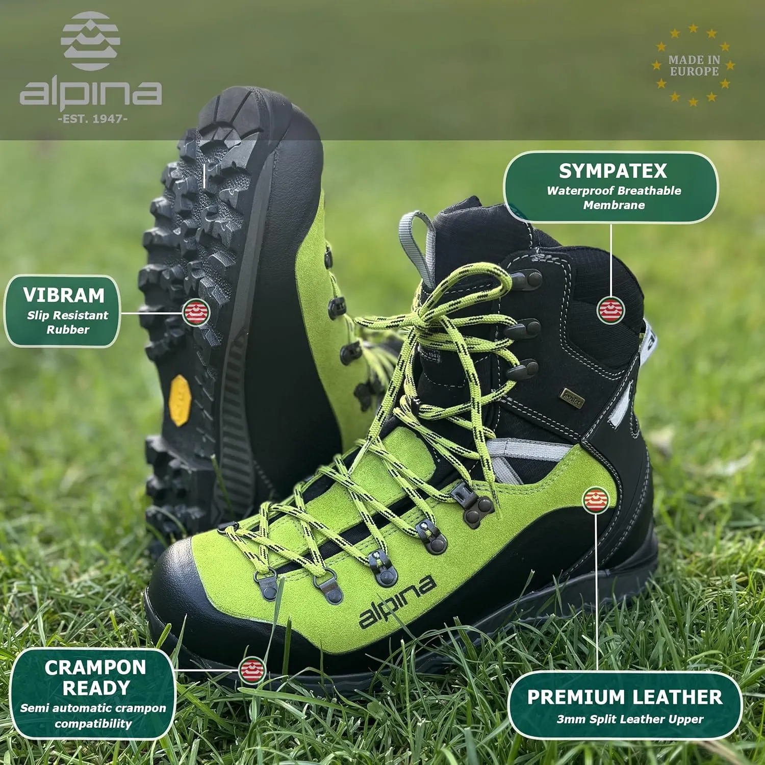 Alpina DIABLO Premium Men's Boots | Waterproof Leather Shoes | Sympatex Breathable Membrane | Vibram Sole | Crampon Compatible | Mountaineering Hiking | Heel Counter | Made in Europe