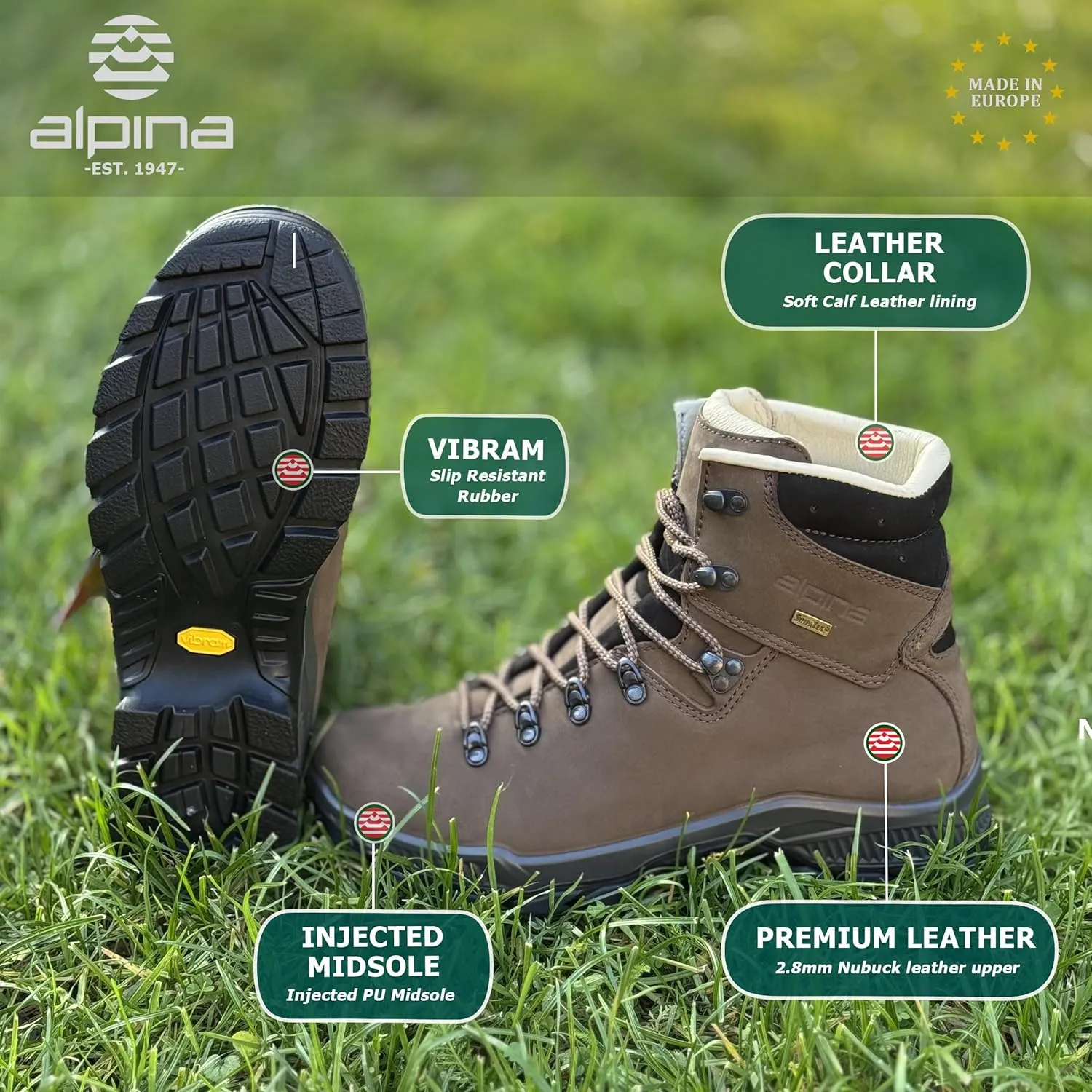 Alpina TIBET Men's Boots - Mountaineering | Hiking | Premium Waterproof Ankle High Shoes|Vibram Sole|Breathable Sympatex Membrane | Hand Made in Europe