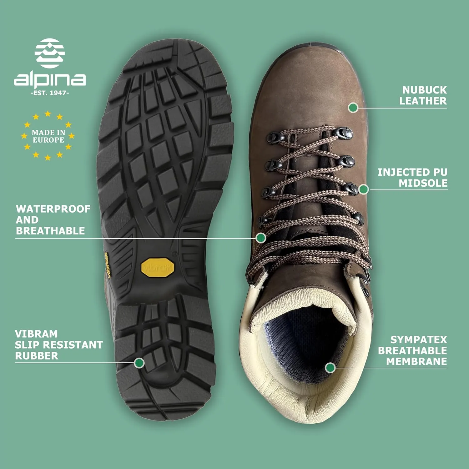 Alpina TIBET Men's Boots - Mountaineering | Hiking | Premium Waterproof Ankle High Shoes|Vibram Sole|Breathable Sympatex Membrane | Hand Made in Europe
