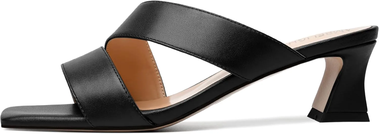 AMBELIGHT Womens Matte Casual Solid Slip On Indoor Square Toe Kitten Low Heel Heeled Sandals 2 Inch