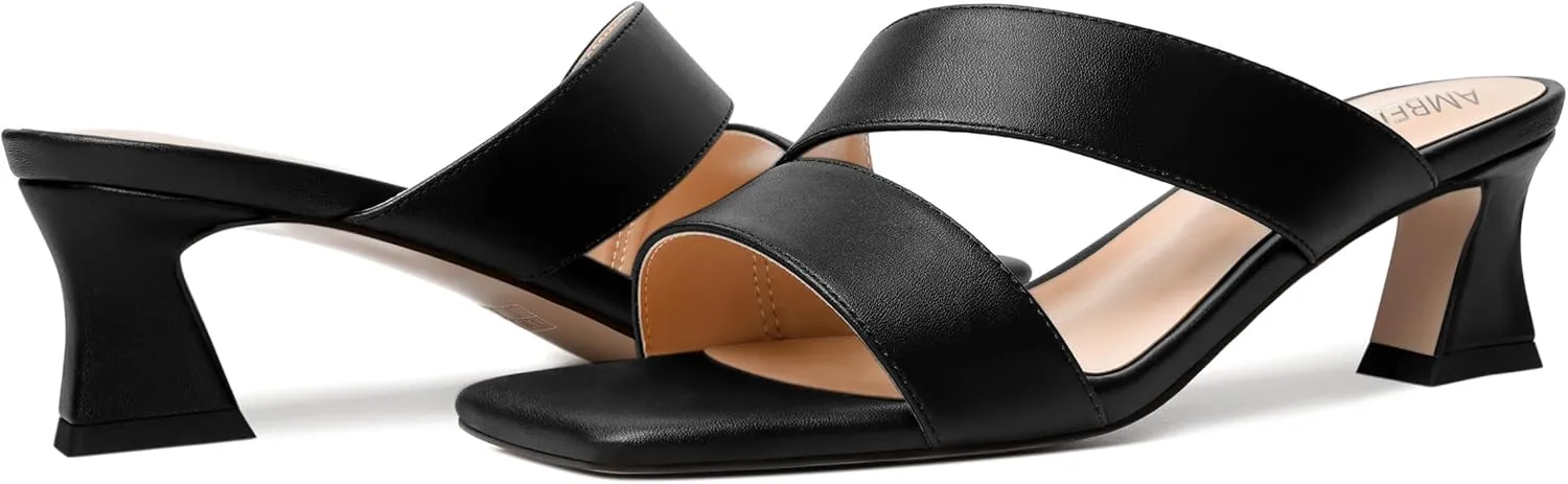 AMBELIGHT Womens Matte Casual Solid Slip On Indoor Square Toe Kitten Low Heel Heeled Sandals 2 Inch