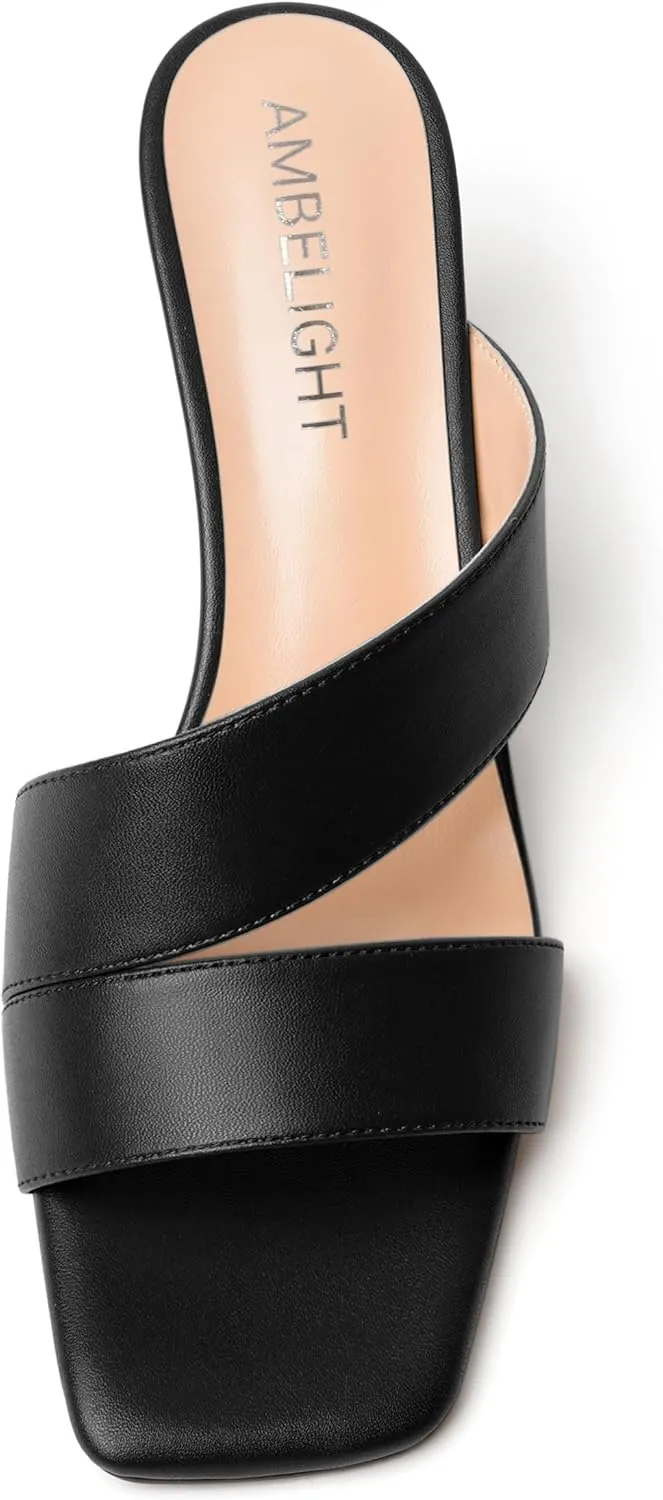AMBELIGHT Womens Matte Casual Solid Slip On Indoor Square Toe Kitten Low Heel Heeled Sandals 2 Inch