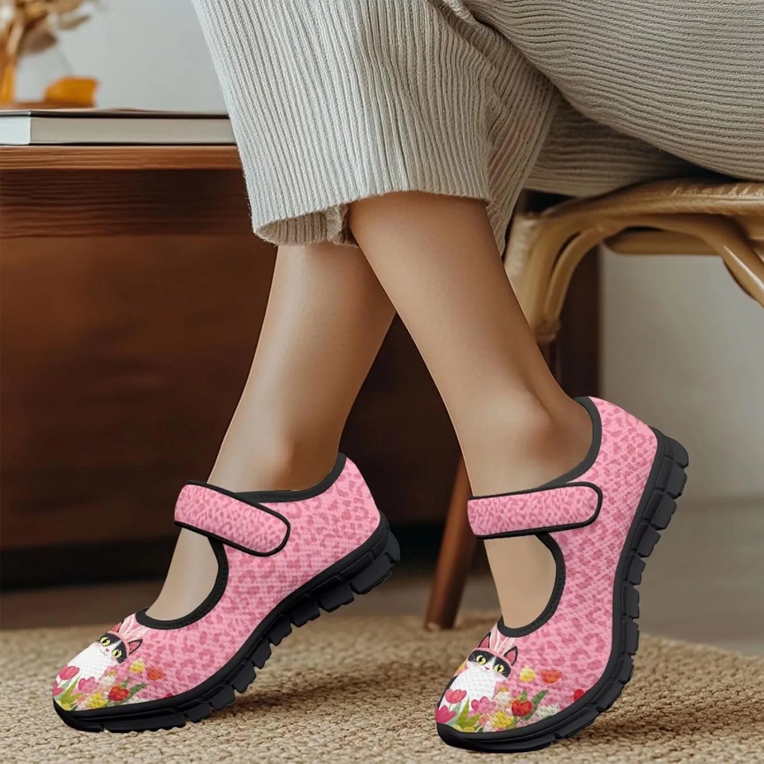 Animals Print Mary Jane Sneakers Women's Walking Shoes Stylish Lady Breathable Adjustable Working Flat Shoes