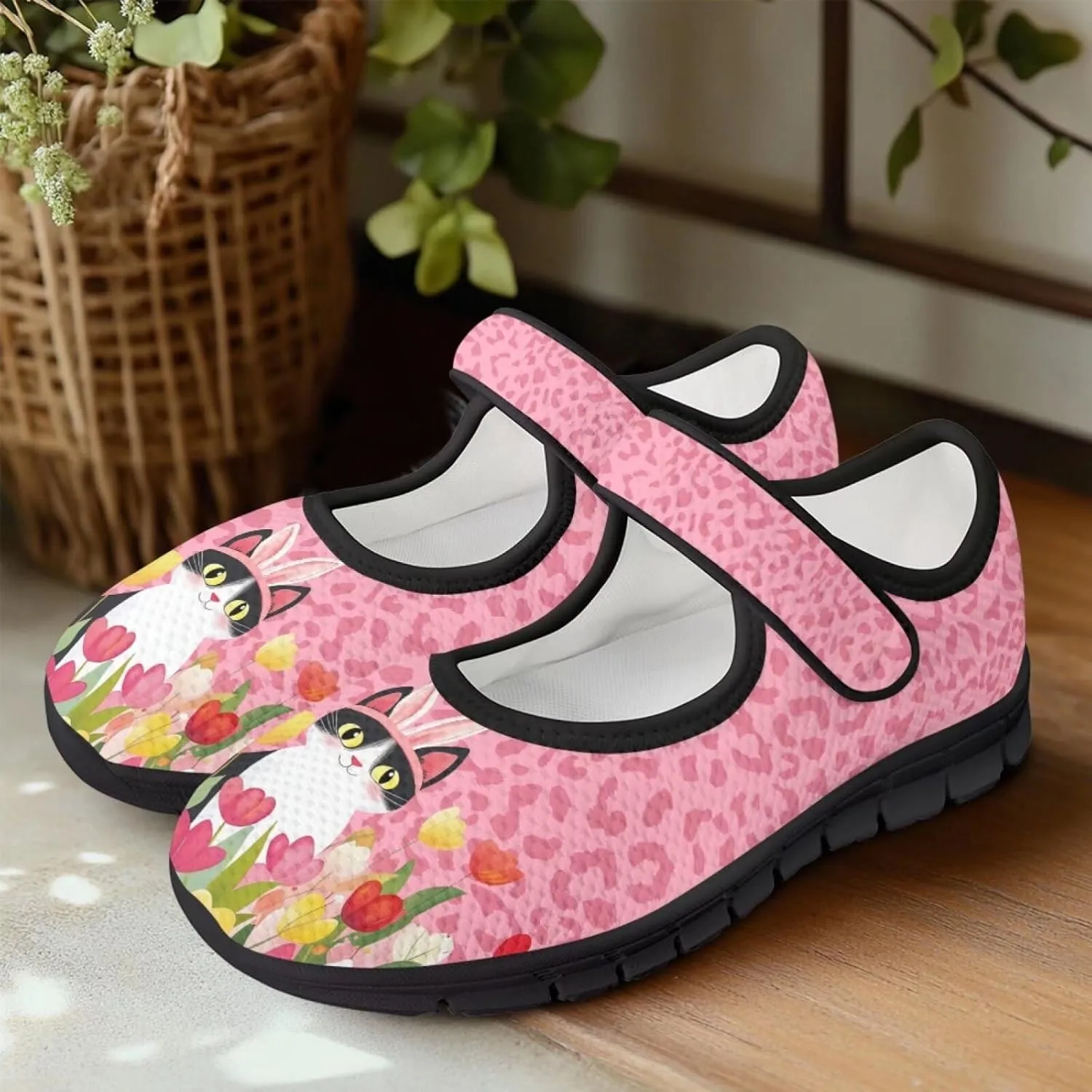 Animals Print Mary Jane Sneakers Women's Walking Shoes Stylish Lady Breathable Adjustable Working Flat Shoes