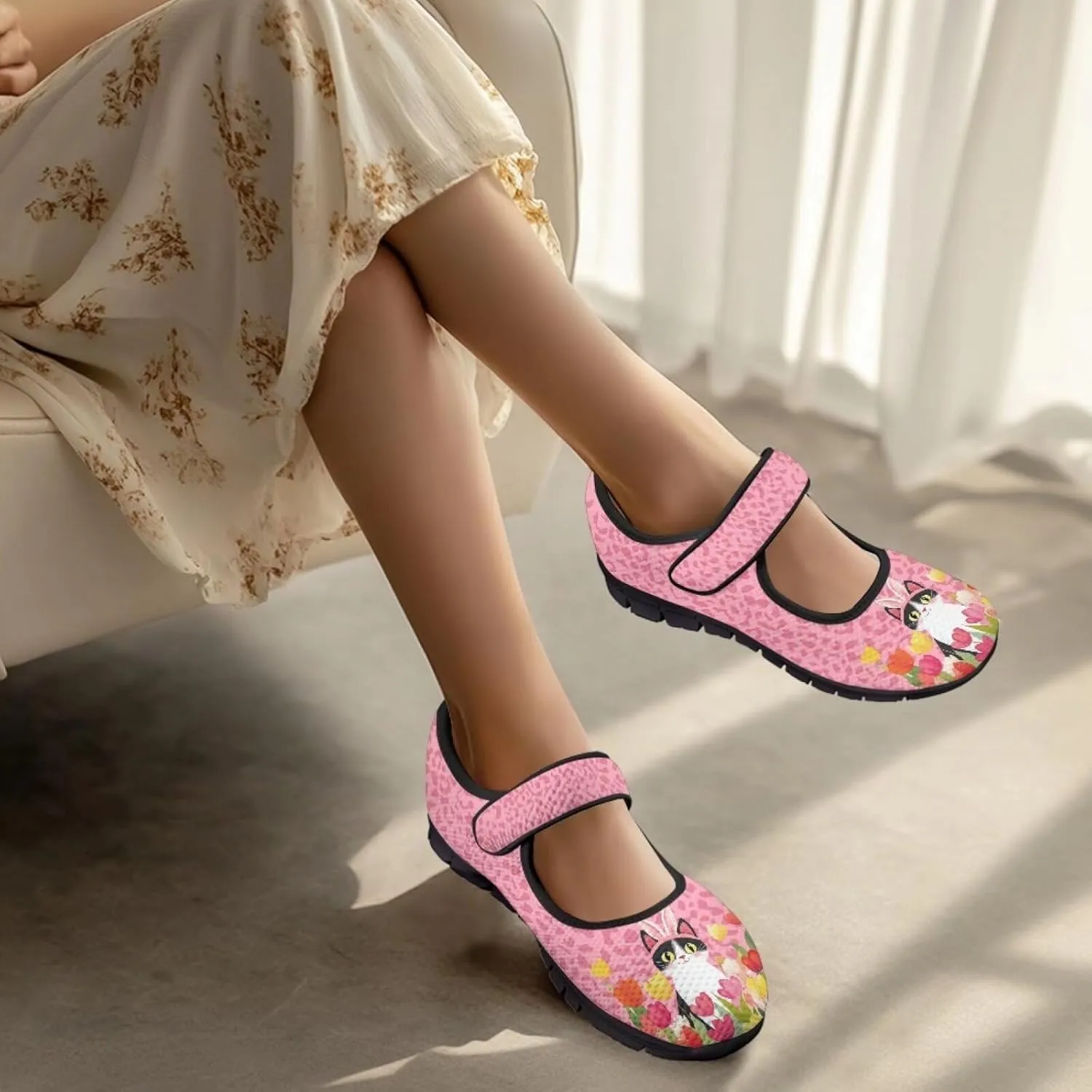 Animals Print Mary Jane Sneakers Women's Walking Shoes Stylish Lady Breathable Adjustable Working Flat Shoes