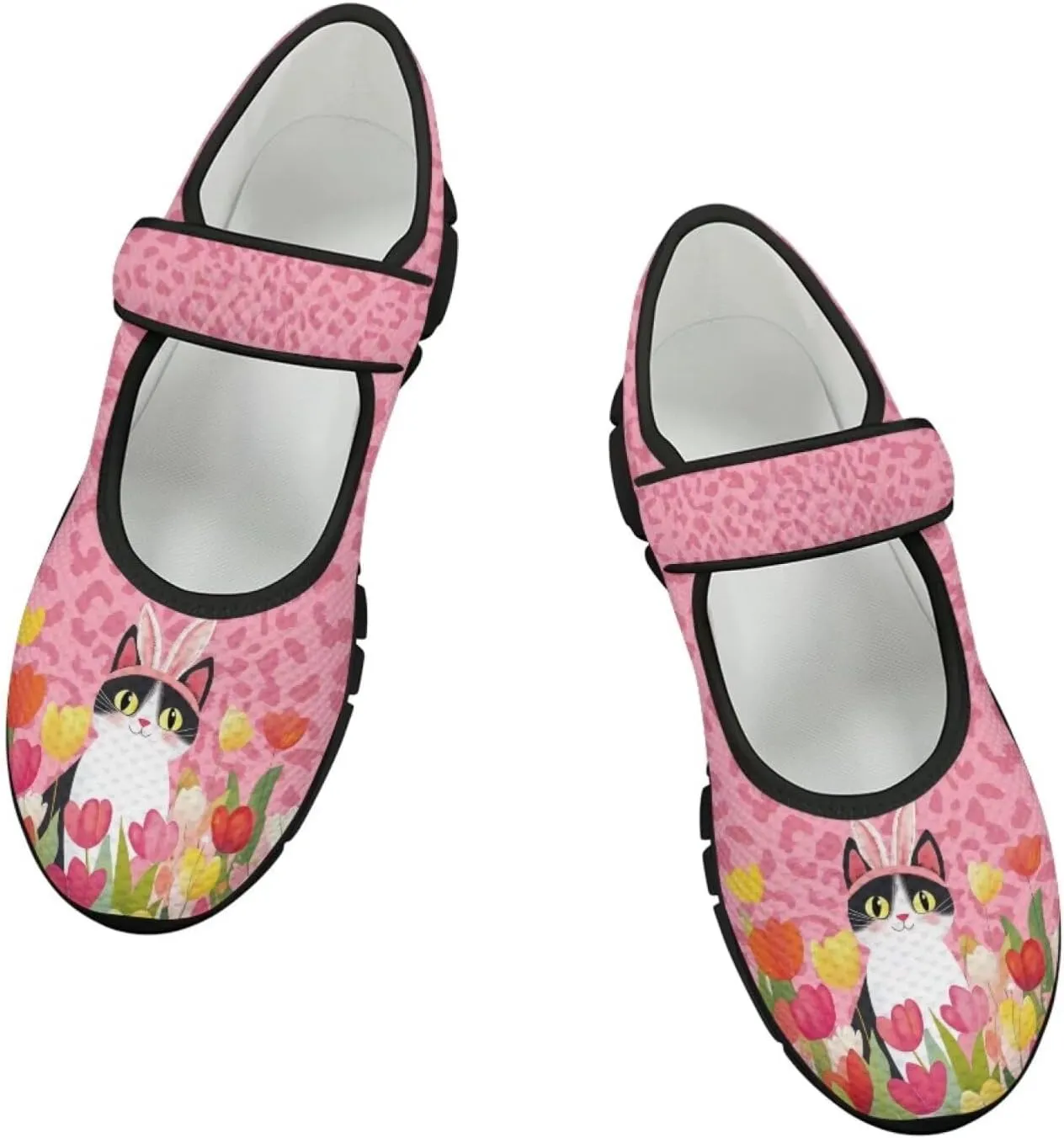Animals Print Mary Jane Sneakers Women's Walking Shoes Stylish Lady Breathable Adjustable Working Flat Shoes