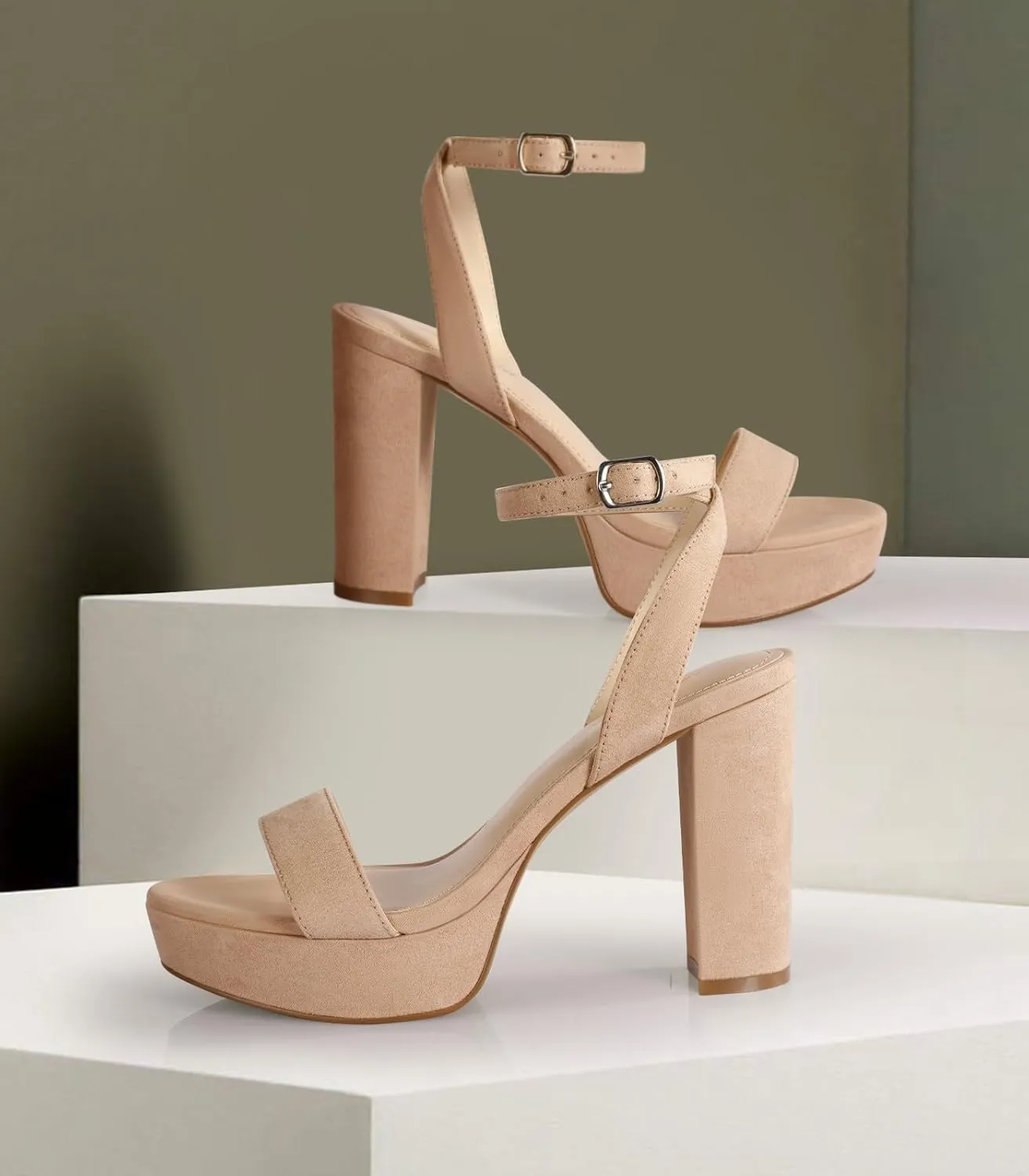 Ankis Platform Heels for Women 4 Inches Chunky Heels Sandals for Women Comfy Open Toe Block Heeled Sandals Nude White Silver Gold Black Ankle Strappy Heels