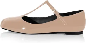 anteikira Women's Classy Round Toe Ballet Flats T-Strap Flats Patent Leather Comfortable Mary Jane Flats Shoes for Women Size 5.5-12US