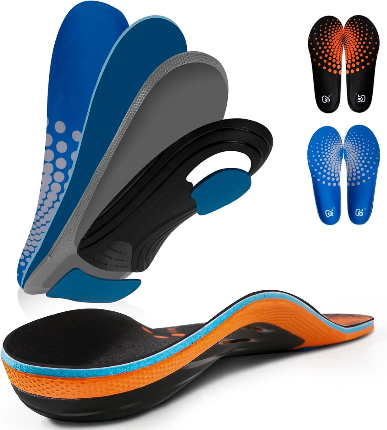 AOTENG STAR Plantar Fasciitis Insoles, High Arch Support Insoles for Plantar Fasciitis Relief Orthotic Shoe Insoles, 240 lbs Heavy Duty Shoe Inserts(Men 10.5 / Women 12(285mm), Orange & Blue)