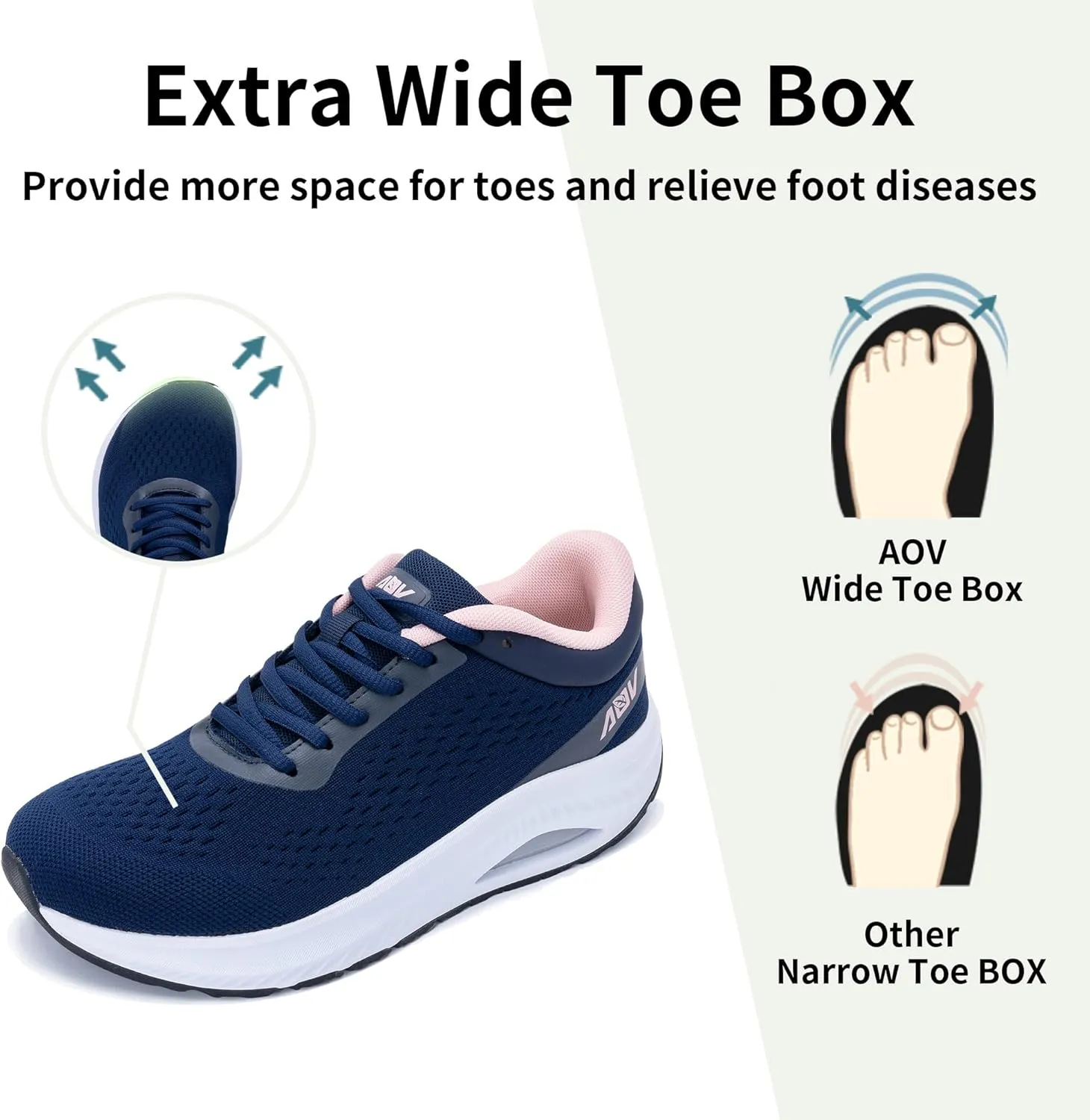 AOV Wide Toe Box Shoes Women Arch Support Walking Shoes Plantar Fasciitis Orthotic Tennis Sneakers