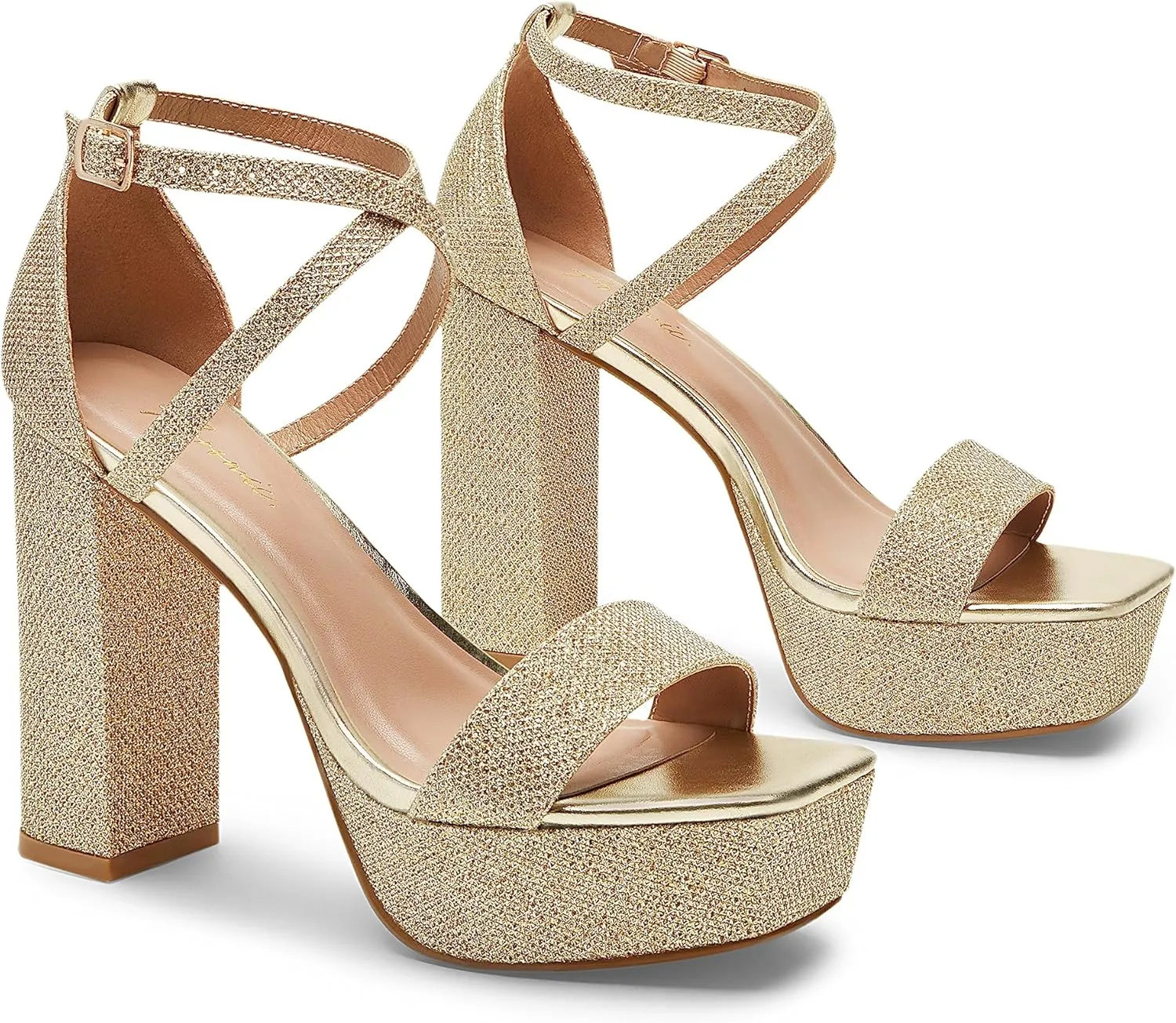 Arromic Women's Platform Heels High Chunky Sandals 4.5 Inches Square Open Toe Heeled Sandals Pink Gold White Black Nude Strappy Ankle Strap Sexy Pumps Y2K Dress Party Wedding Shoes