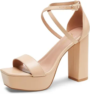 Arromic Women's Platform Heels High Chunky Sandals 4.5 Inches Square Open Toe Heeled Sandals Pink Gold White Black Nude Strappy Ankle Strap Sexy Pumps Y2K Dress Party Wedding Shoes