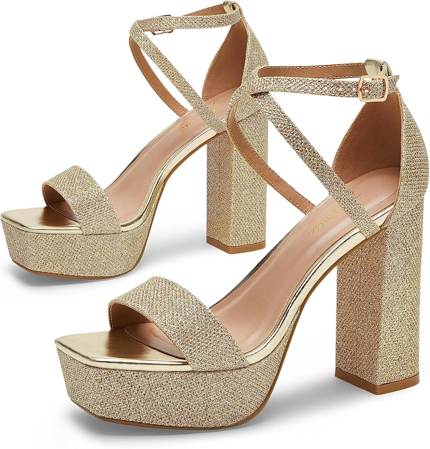 Arromic Women's Platform Heels High Chunky Sandals 4.5 Inches Square Open Toe Heeled Sandals Pink Gold White Black Nude Strappy Ankle Strap Sexy Pumps Y2K Dress Party Wedding Shoes