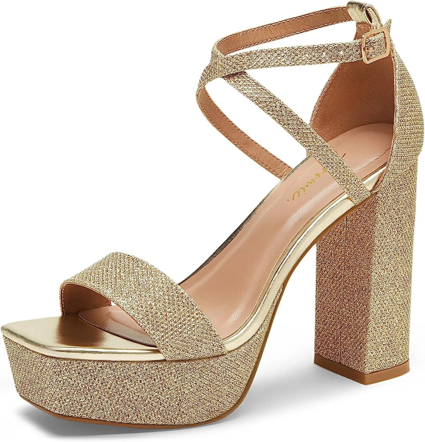 Arromic Women's Platform Heels High Chunky Sandals 4.5 Inches Square Open Toe Heeled Sandals Pink Gold White Black Nude Strappy Ankle Strap Sexy Pumps Y2K Dress Party Wedding Shoes