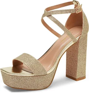 Arromic Women's Platform Heels High Chunky Sandals 4.5 Inches Square Open Toe Heeled Sandals Pink Gold White Black Nude Strappy Ankle Strap Sexy Pumps Y2K Dress Party Wedding Shoes