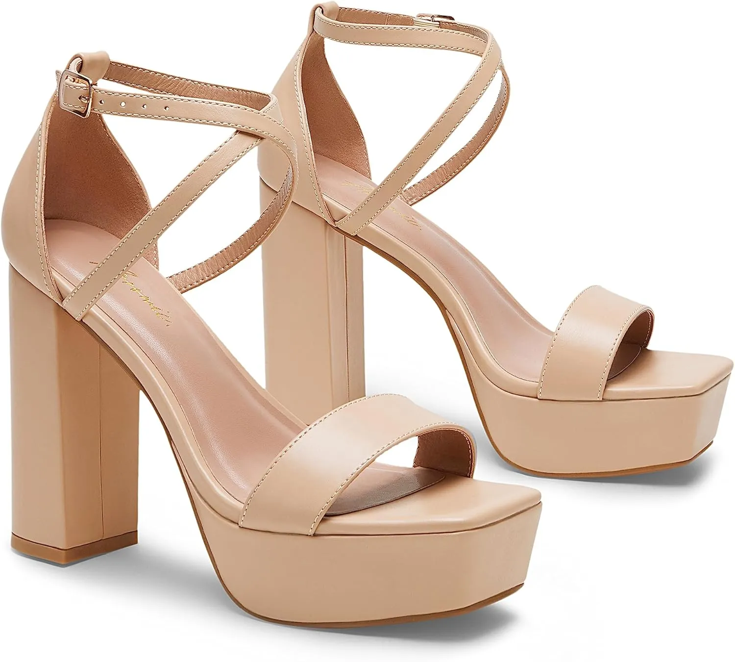 Arromic Women's Platform Heels High Chunky Sandals 4.5 Inches Square Open Toe Heeled Sandals Pink Gold White Black Nude Strappy Ankle Strap Sexy Pumps Y2K Dress Party Wedding Shoes