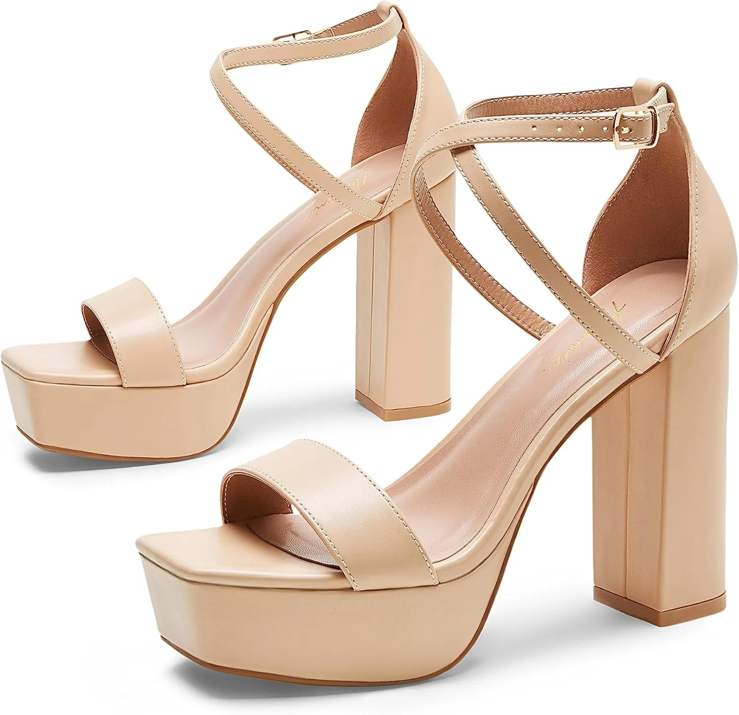 Arromic Women's Platform Heels High Chunky Sandals 4.5 Inches Square Open Toe Heeled Sandals Pink Gold White Black Nude Strappy Ankle Strap Sexy Pumps Y2K Dress Party Wedding Shoes