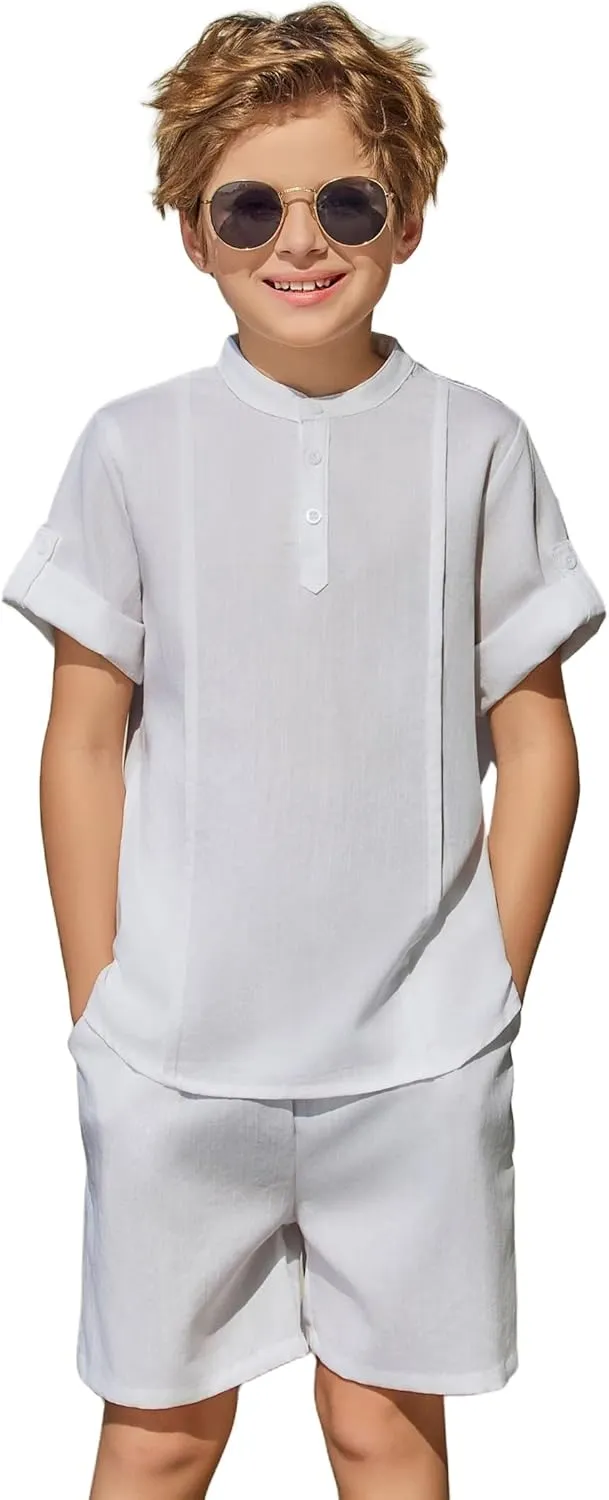 Arshiner Boy's 2 Pieces Linen Sets Short Sleeve Henley Shirt and Shorts Summer Beach Matching Outfits 5-12 Years