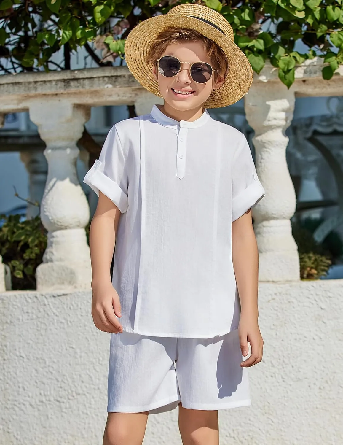 Arshiner Boy's 2 Pieces Linen Sets Short Sleeve Henley Shirt and Shorts Summer Beach Matching Outfits 5-12 Years