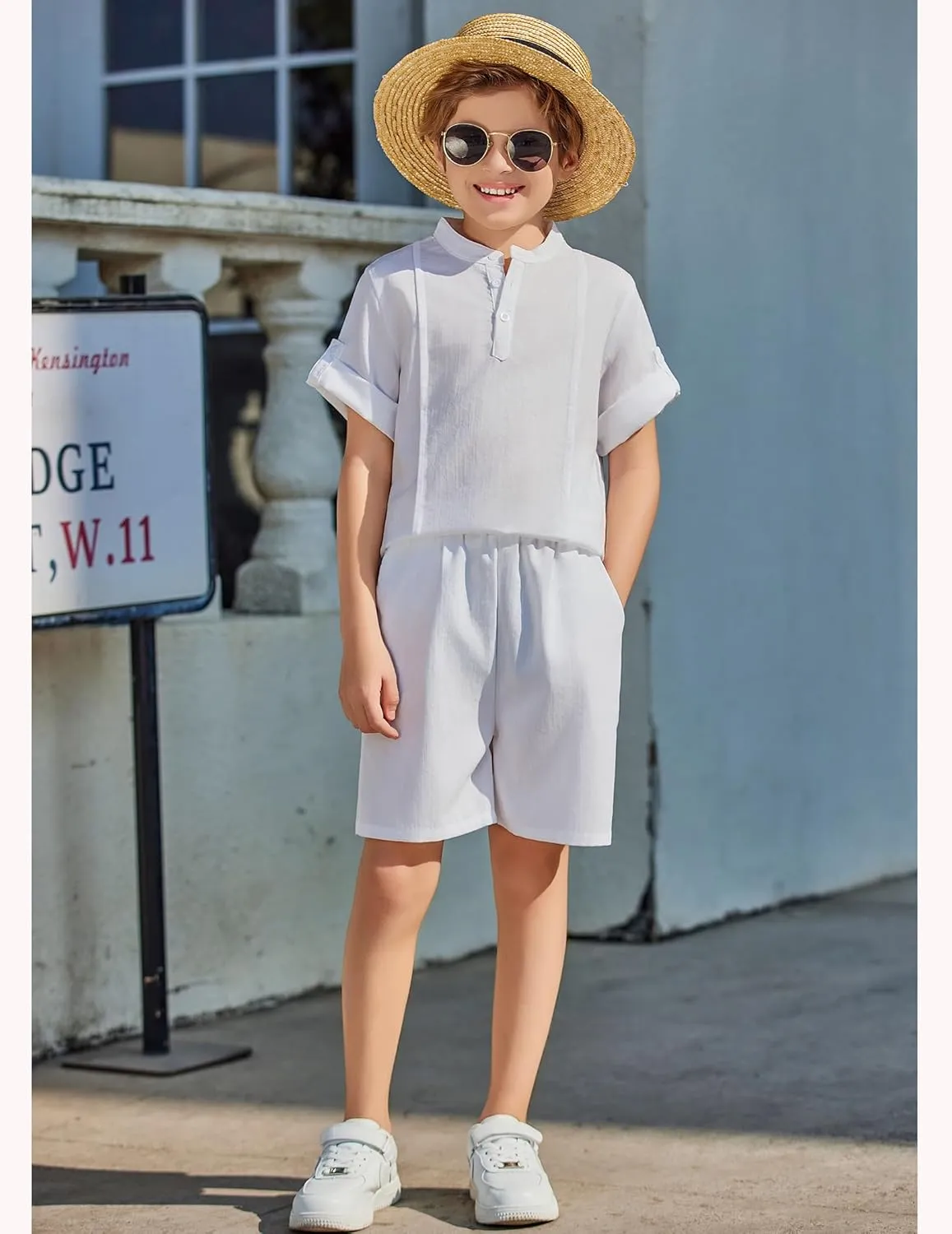 Arshiner Boy's 2 Pieces Linen Sets Short Sleeve Henley Shirt and Shorts Summer Beach Matching Outfits 5-12 Years
