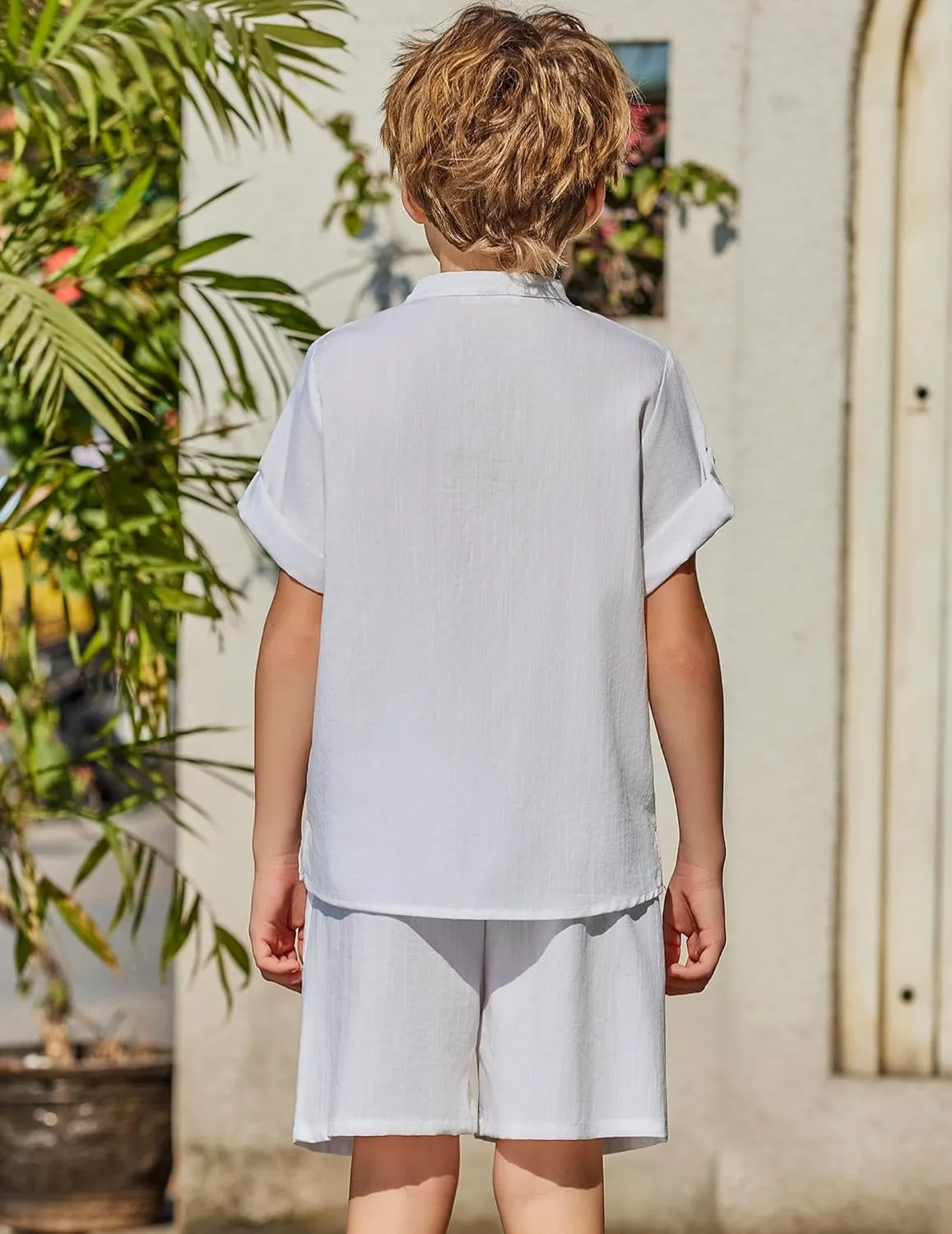 Arshiner Boy's 2 Pieces Linen Sets Short Sleeve Henley Shirt and Shorts Summer Beach Matching Outfits 5-12 Years